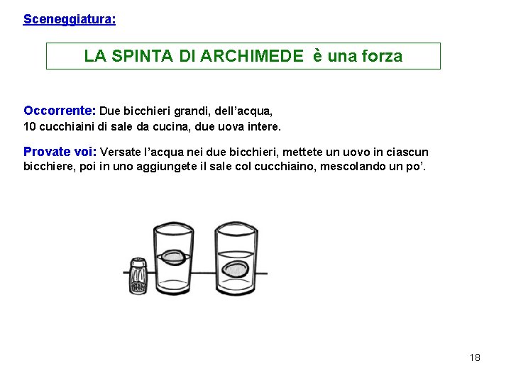 Sceneggiatura: LA SPINTA DI ARCHIMEDE è una forza Occorrente: Due bicchieri grandi, dell’acqua, 10