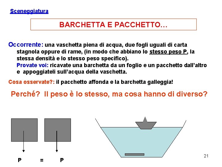 Sceneggiatura BARCHETTA E PACCHETTO… Occorrente: una vaschetta piena di acqua, due fogli uguali di