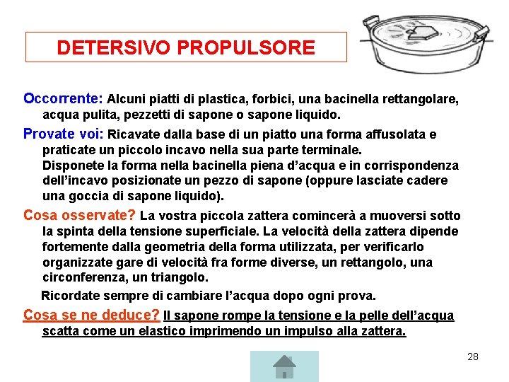 DETERSIVO PROPULSORE Occorrente: Alcuni piatti di plastica, forbici, una bacinella rettangolare, acqua pulita, pezzetti