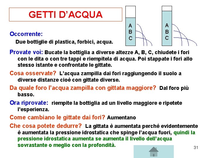 GETTI D’ACQUA Occorrente: Due bottiglie di plastica, forbici, acqua. A B C Provate voi: