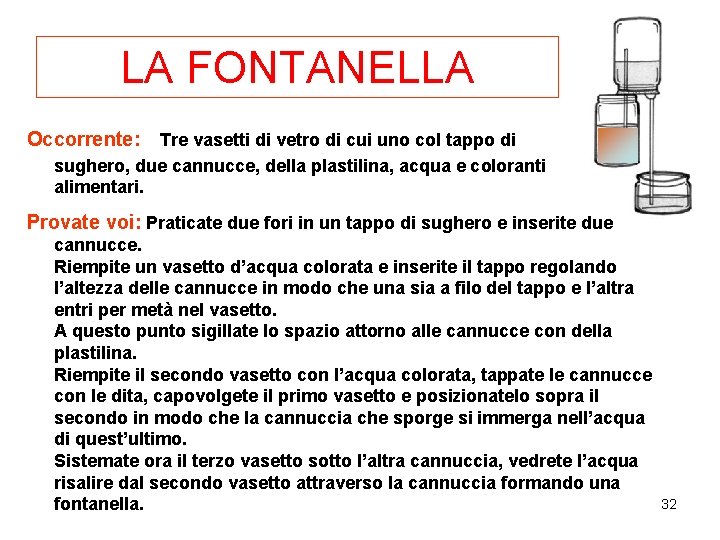 LA FONTANELLA Occorrente: Tre vasetti di vetro di cui uno col tappo di sughero,