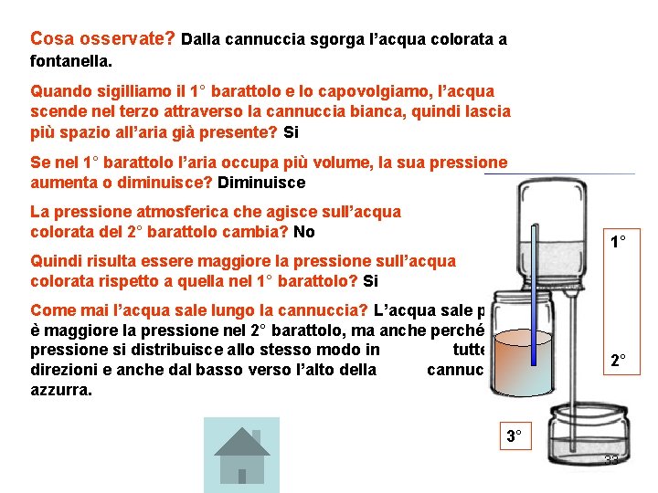 Cosa osservate? Dalla cannuccia sgorga l’acqua colorata a fontanella. Quando sigilliamo il 1° barattolo