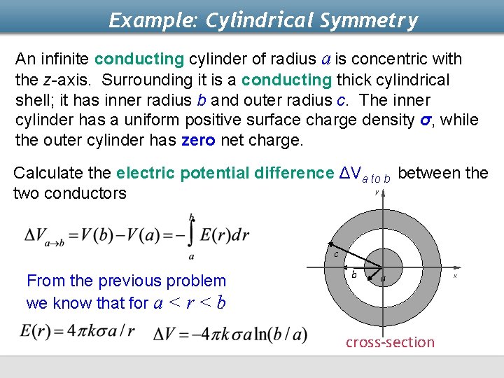 Example: Cylindrical Symmetry An infinite conducting cylinder of radius a is concentric with the