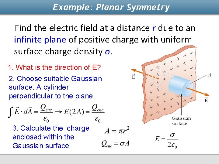 Example: Planar Symmetry Find the electric field at a distance r due to an