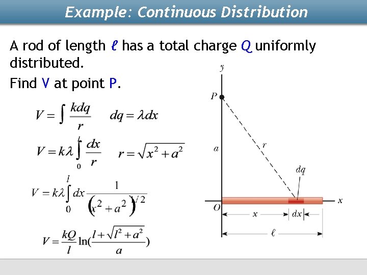 Example: Continuous Distribution A rod of length ℓ has a total charge Q uniformly
