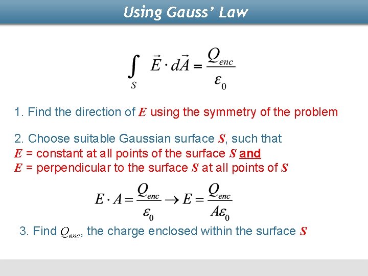 Using Gauss’ Law 1. Find the direction of E using the symmetry of the