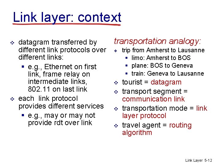 Link layer: context v v datagram transferred by different link protocols over different links: