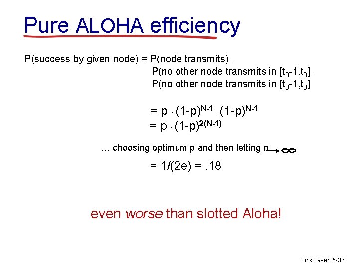 Pure ALOHA efficiency P(success by given node) = P(node transmits). P(no other node transmits
