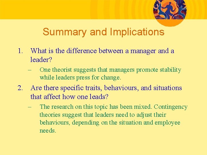 Summary and Implications 1. What is the difference between a manager and a leader?
