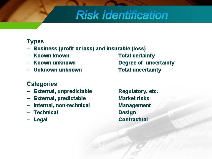 Types – – Business (profit or loss) and insurable (loss) Known known Total certainty