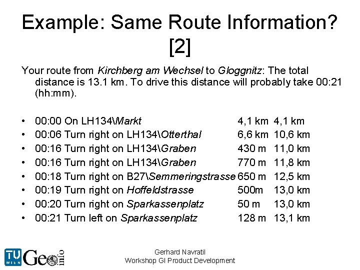 Example: Same Route Information? [2] Your route from Kirchberg am Wechsel to Gloggnitz: The