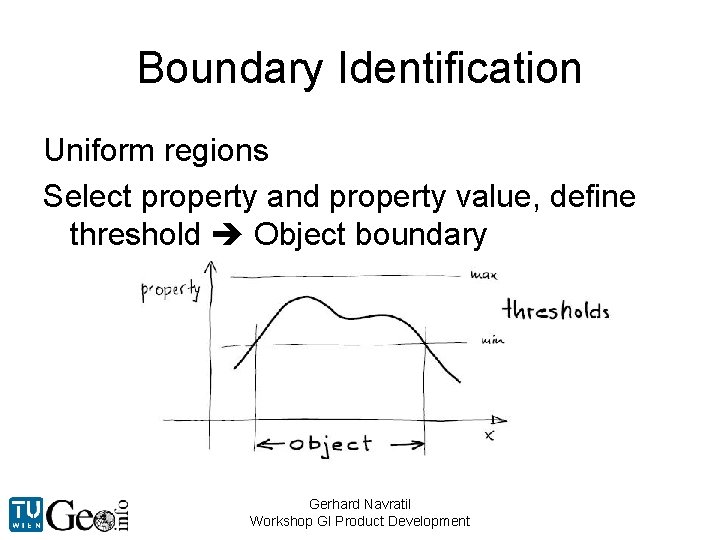 Boundary Identification Uniform regions Select property and property value, define threshold Object boundary Gerhard