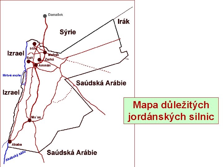 Mapa důležitých jordánských silnic 