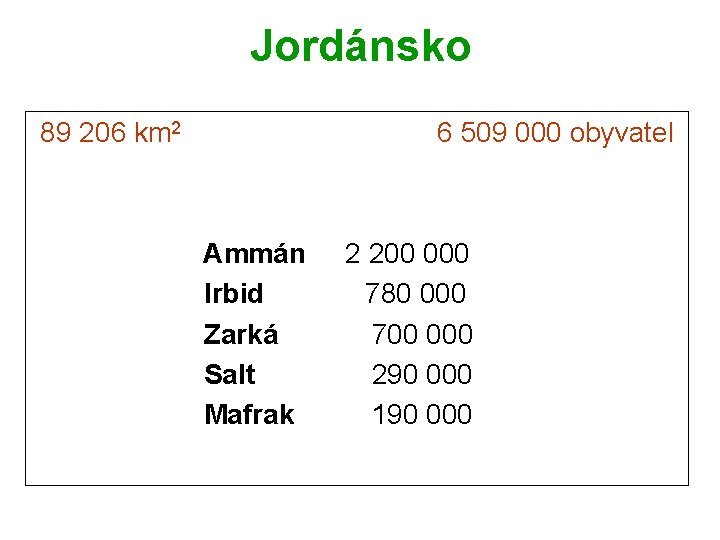 Jordánsko 89 206 km 2 6 509 000 obyvatel Ammán 2 200 000 Irbid