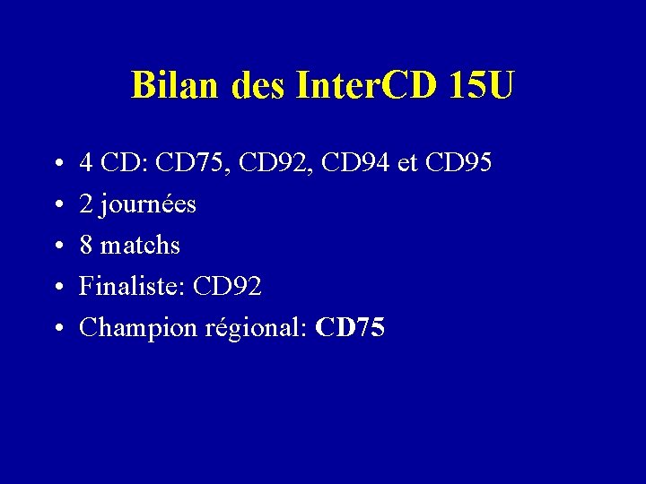Bilan des Inter. CD 15 U • • • 4 CD: CD 75, CD
