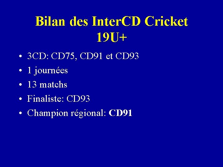 Bilan des Inter. CD Cricket 19 U+ • • • 3 CD: CD 75,