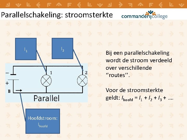 Parallelschakeling: stroomsterkte I 2 I 1 Bij een parallelschakeling wordt de stroom verdeeld over