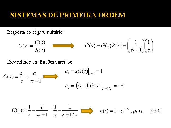 SISTEMAS DE PRIMEIRA ORDEM Resposta ao degrau unitário: Expandindo em frações parciais: SISTEMAS DE PRIMEIRA ORDEM Resposta ao degrau unitário: Expandindo em frações parciais: