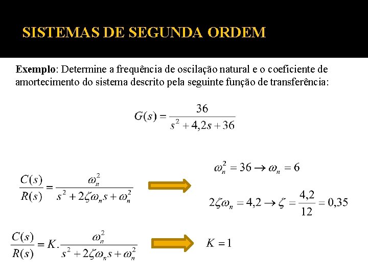 SISTEMAS DE SEGUNDA ORDEM Exemplo: Determine a frequência de oscilação natural e o coeficiente SISTEMAS DE SEGUNDA ORDEM Exemplo: Determine a frequência de oscilação natural e o coeficiente