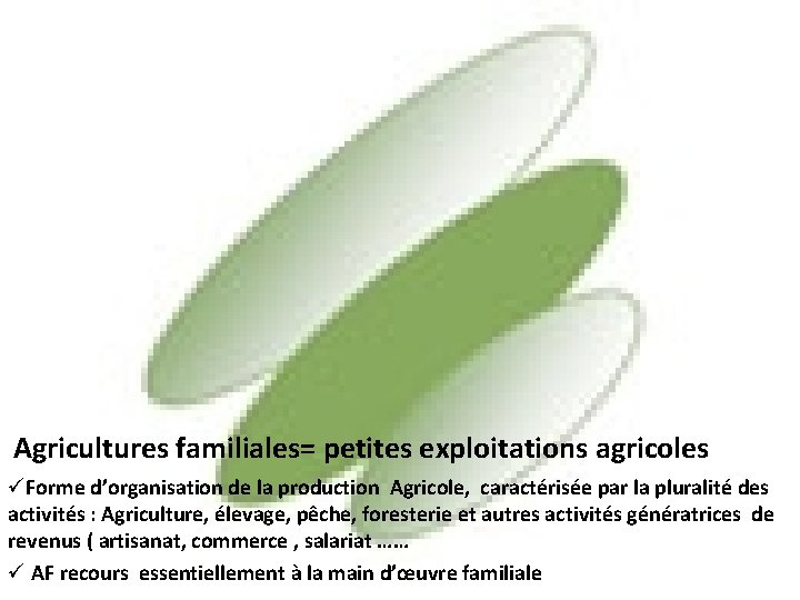 Agricultures familiales= petites exploitations agricoles üForme d’organisation de la production Agricole, caractérisée par la