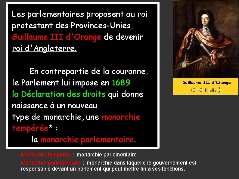 Les parlementaires proposent au roi protestant des Provinces-Unies, Guillaume III d'Orange de devenir roi