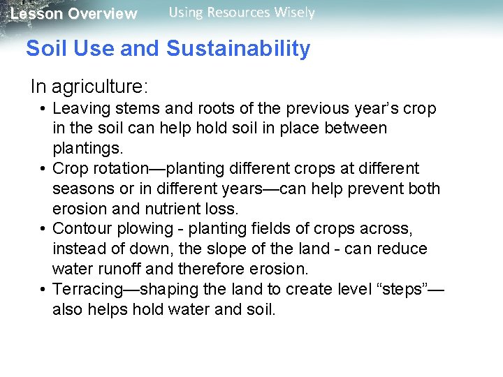 Lesson Overview Using Resources Wisely Soil Use and Sustainability In agriculture: • Leaving stems