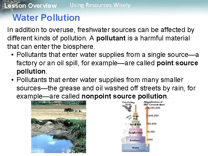 Lesson Overview Using Resources Wisely Water Pollution In addition to overuse, freshwater sources can
