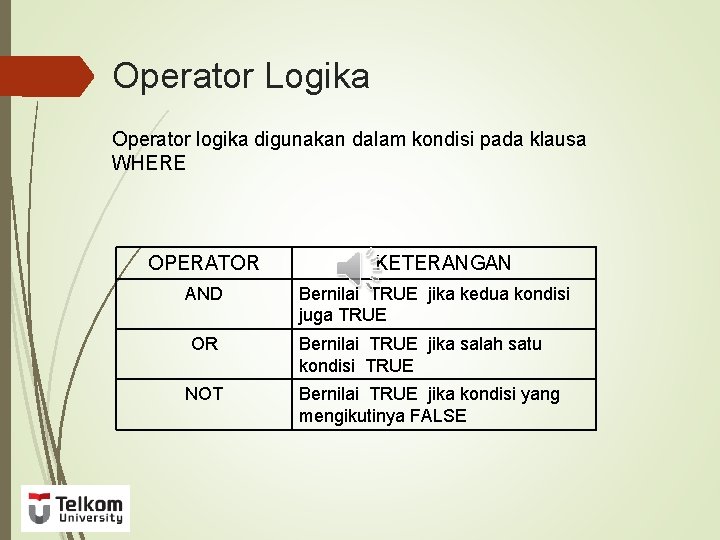 Operator Logika Operator logika digunakan dalam kondisi pada klausa WHERE OPERATOR AND OR NOT