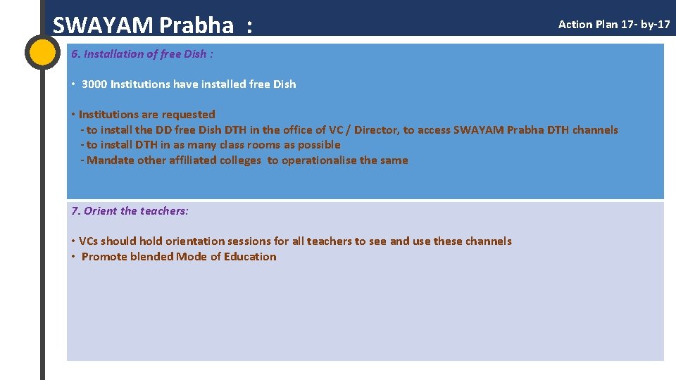  SWAYAM Prabha : Action Plan 17 - by-17 6. Installation of free Dish