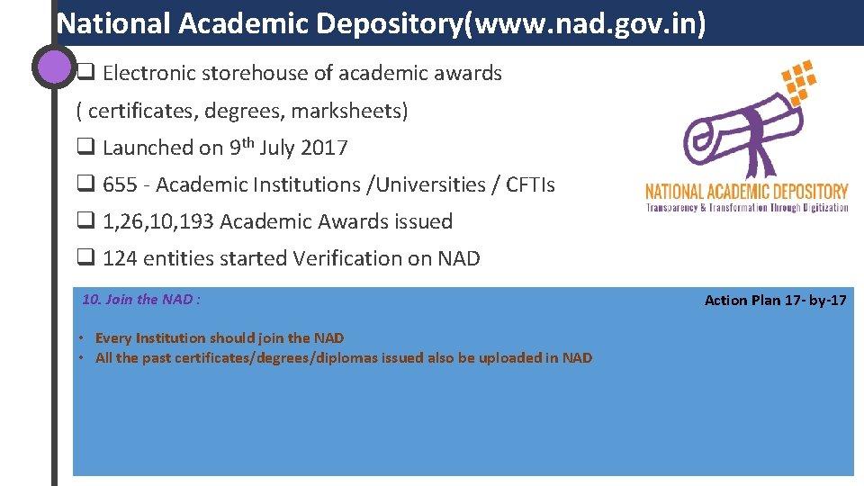 National Academic Depository(www. nad. gov. in) q Electronic storehouse of academic awards ( certificates,