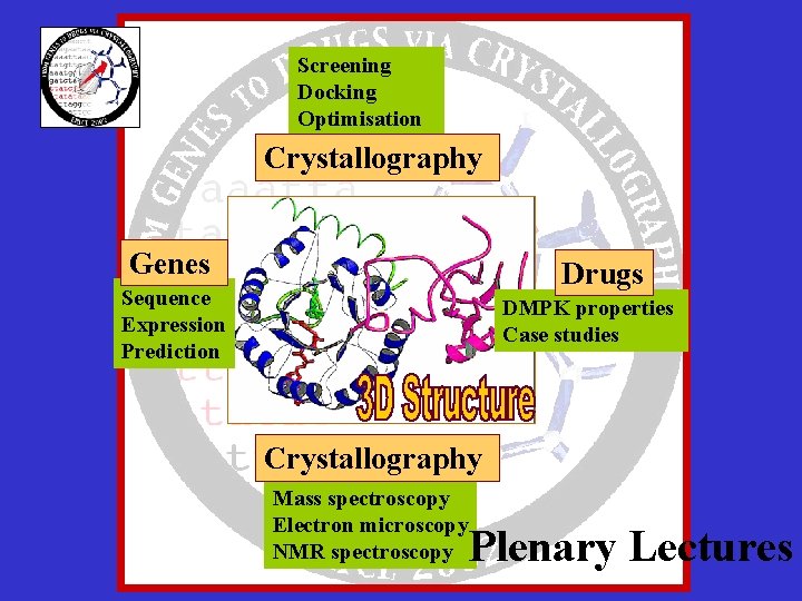 Screening Docking Optimisation Crystallography Genes Drugs Sequence Expression Prediction DMPK properties Case studies Crystallography