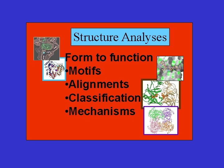 Structure Analyses Form to function • Motifs • Alignments • Classification • Mechanisms 