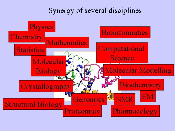 Synergy of several disciplines Physics Chemistry Mathematics Statistics Molecular Biology Bioinformatics Computational Science Crystallography