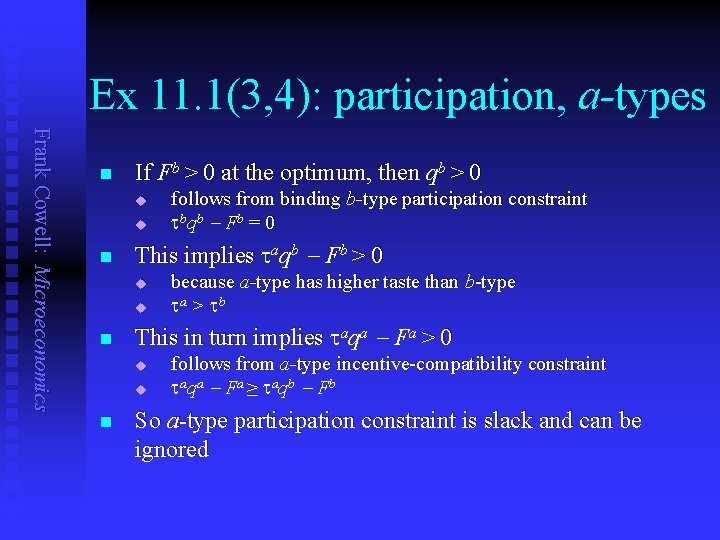 Ex 11. 1(3, 4): participation, a-types Frank Cowell: Microeconomics n If Fb > 0