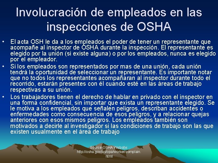 Involucración de empleados en las inspecciones de OSHA • El acta OSH le da