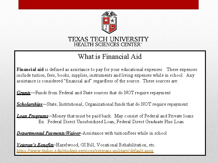 What is Financial Aid Financial aid is defined as assistance to pay for your