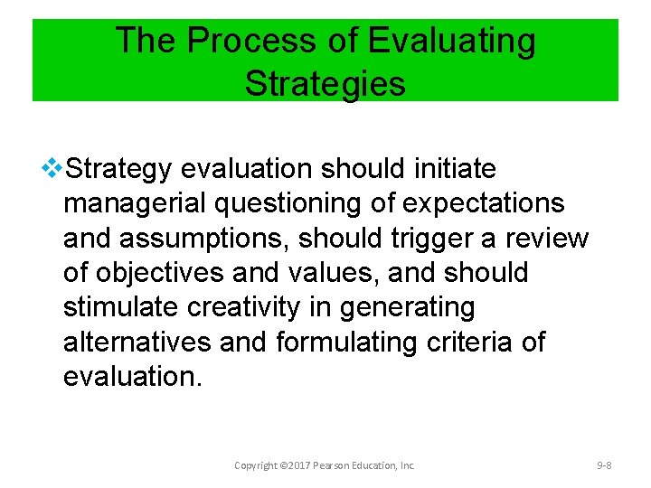 The Process of Evaluating Strategies v. Strategy evaluation should initiate managerial questioning of expectations
