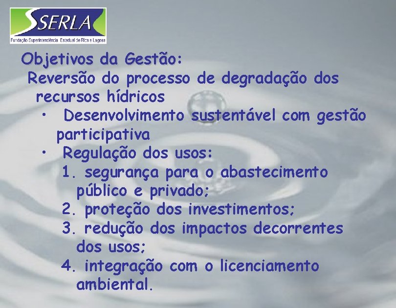 Objetivos da Gestão: Gestão Reversão do processo de degradação dos recursos hídricos • Desenvolvimento