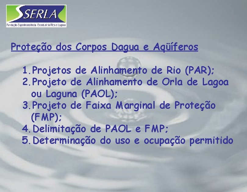 Proteção dos Corpos Dagua e Aqüíferos 1. Projetos de Alinhamento de Rio (PAR); 2.