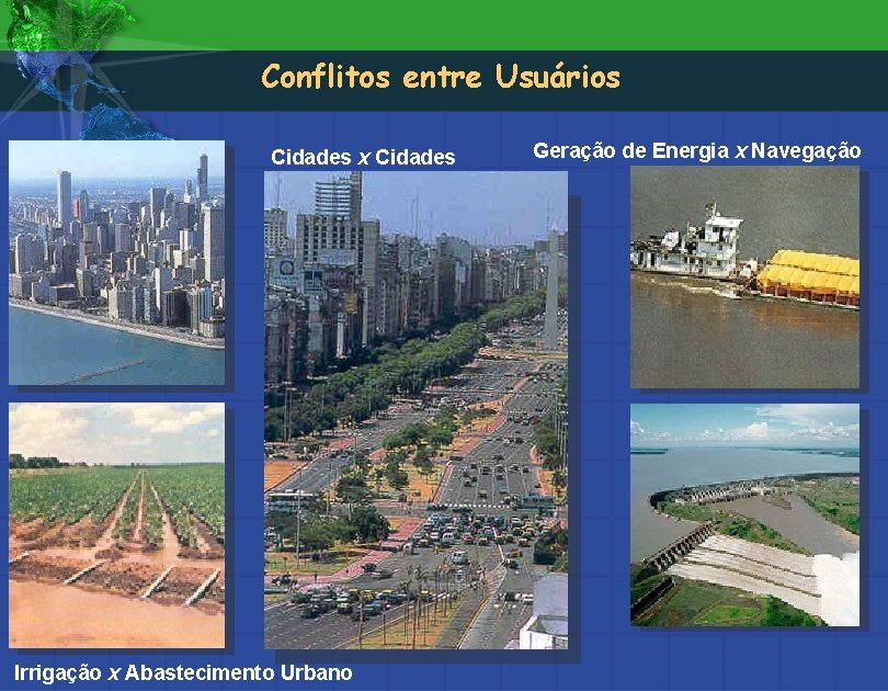 Conflitos entre Usuários Cidades x Cidades Irrigação x Abastecimento Urbano Geração de Energia x