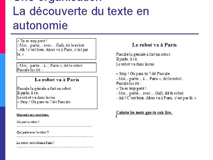 Une organisation La découverte du texte en autonomie 