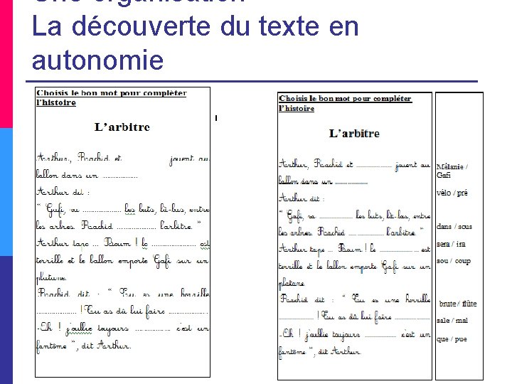 Une organisation La découverte du texte en autonomie 