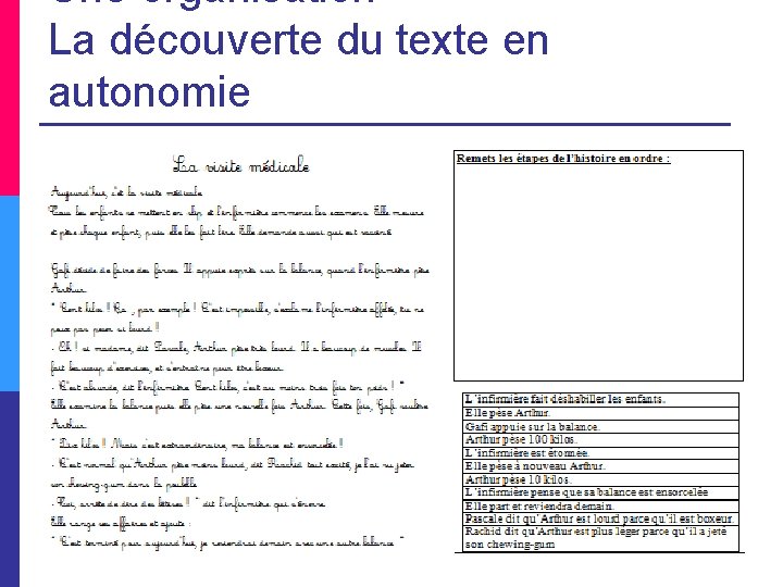 Une organisation La découverte du texte en autonomie 