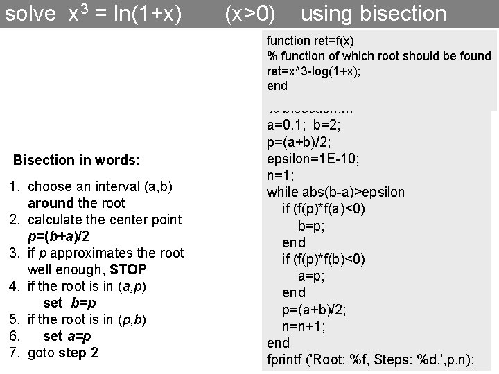 solve x 3 = ln(1+x) (x>0) using bisection function ret=f(x) % function of which