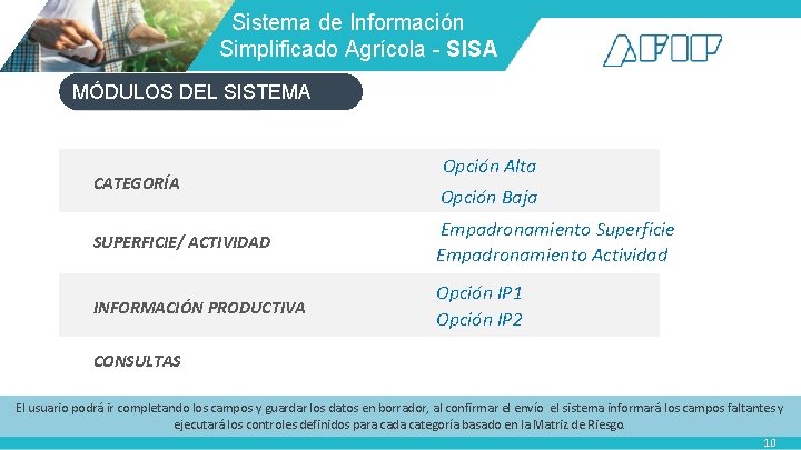  Sistema de Información Simplificado Agrícola - SISA MÓDULOS DEL SISTEMA CATEGORÍA Opción Alta