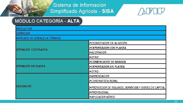 Sistema de Información Simplificado Agrícola - SISA MÓDULO CATEGORÍA - ALTA PRODUCTOR CORREDOR Sistema de Información Simplificado Agrícola - SISA MÓDULO CATEGORÍA - ALTA PRODUCTOR CORREDOR