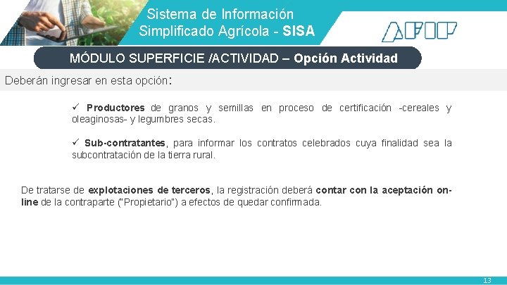 Sistema de Información Simplificado Agrícola - SISA MÓDULO SUPERFICIE /ACTIVIDAD – Opción Actividad Sistema de Información Simplificado Agrícola - SISA MÓDULO SUPERFICIE /ACTIVIDAD – Opción Actividad