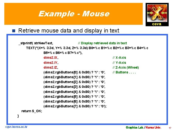 Example - Mouse CGVR n Retrieve mouse data and display in text _stprintf( str.