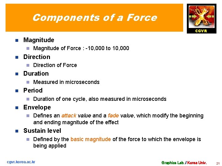 Components of a Force CGVR n Magnitude n n Direction n n Duration of