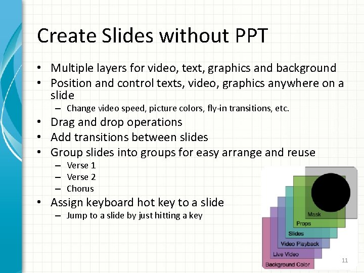 Create Slides without PPT • Multiple layers for video, text, graphics and background •